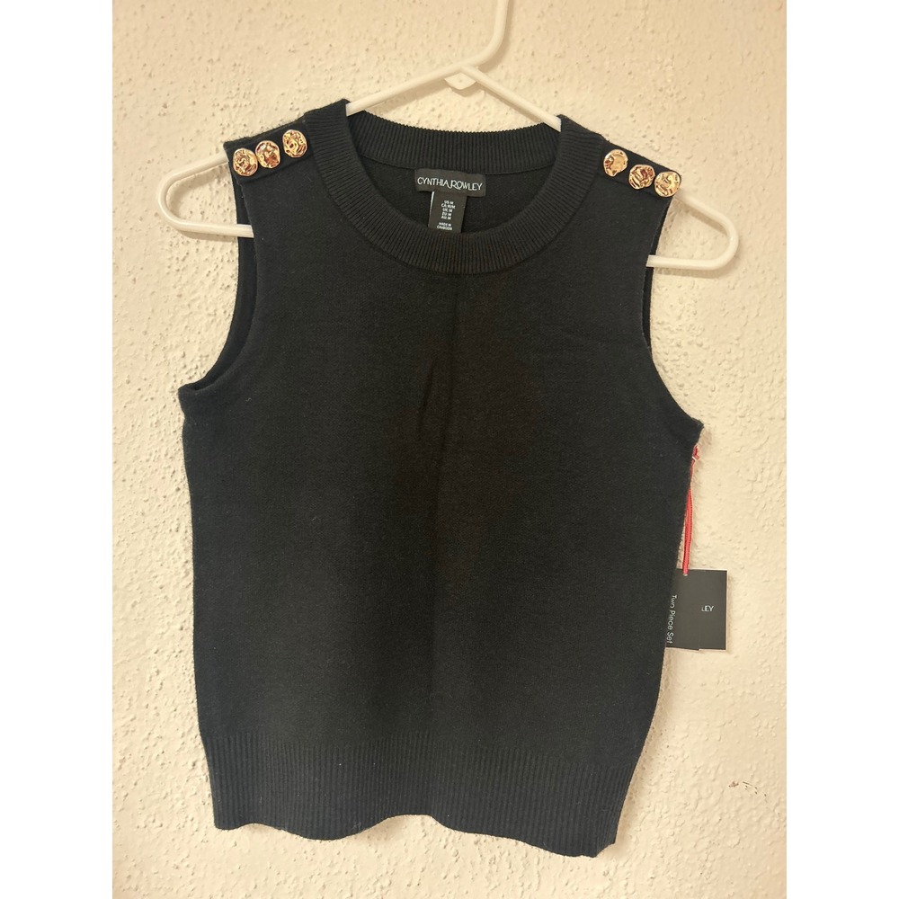 Cynthia Rowley Womens Black Knit Sweater Vest Gold Shoulder Buttons Size M NWT